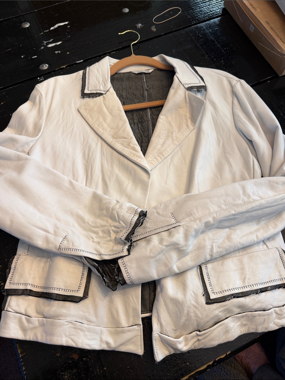 Forzieri White Leather Blazer with Contrast Trim